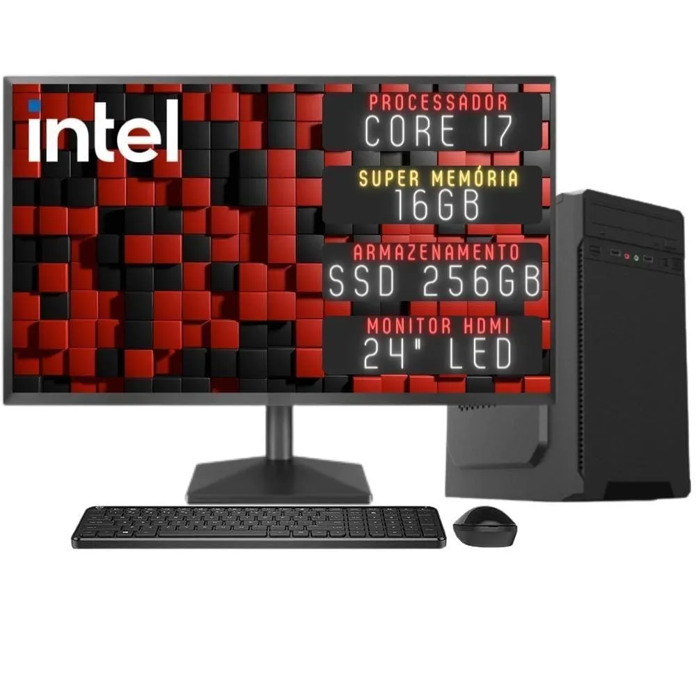 Computador Completo 3green Desktop Intel Core i7 16GB Monitor 24&quot; Full HD HDMI SSD 256GB Windows 10 3D-164