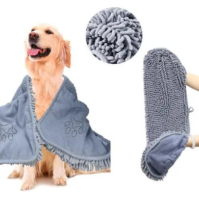 Toalha para Cachorro Pet Canina Cães de Banho Secar feito em Microfibra Chenille Super Absorvente com Bolsos para Mãos LUMAI – 80x35 cm