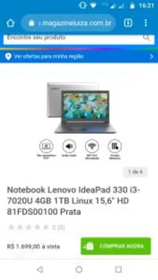 Notebook Lenovo IdeaPad 330 i3-7020U 4GB 1TB Linux 15,6" HD 81FDS00100 - R$1699