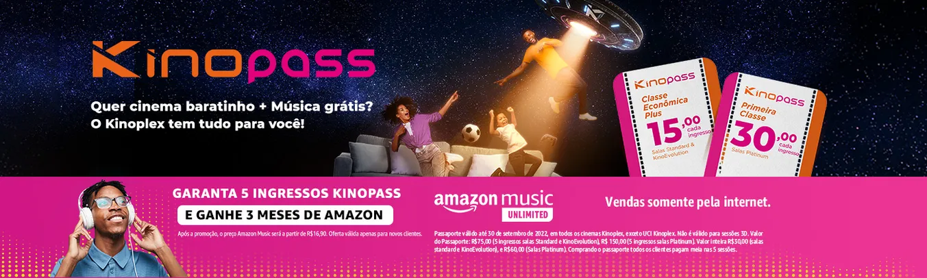 Kinoplex | 5 ingressos + 3 meses de Amazon Music