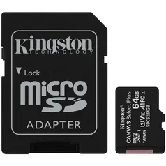 Cartão de Memória Kingston Canvas Select Plus MicroSD 64GB Classe 10 com Adaptador, para Câmeras Aut