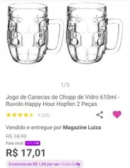 Jogo de Canecas de Chopp de Vidro 610ml - 2 Peças