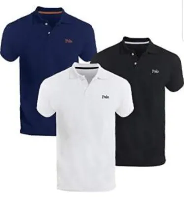 [PRIME] Kit 3 Camisas Polo Básica Piquet. Azul, Preto e Marinho | R$100