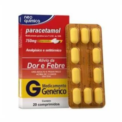 Paracetamol 750mg 20 Comprimidos Neo Quimica Genérico | R$ 2,69