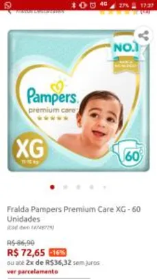 Fralda Pampers Premium Care XG - 60 Unidades R$73