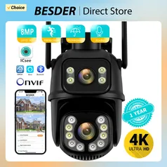 [Taxa Inclusa] Câmera IP PTZ WiFi Besder 360º 4/8MP Lentes Duplas UHD AI Detecção Humana, Visão Noturna a Cores, Áudio Duas Vias App iCSee