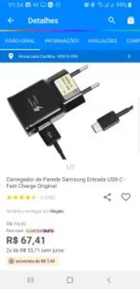 (Cliente ouro Magalu) Carregador de parede Samsung Entrada USB-C Fast Charge Original R$67