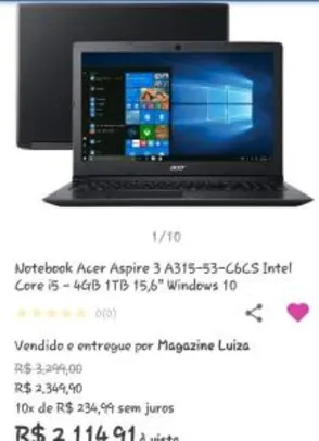 Notebook Acer Aspire 3 A315-53-C6CS Intel Core i5 - 4GB 1TB 15,6” Windows 10 - R$ 2115