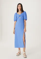 Vestido Midi Acinturado Com Fenda Lateral - Azul