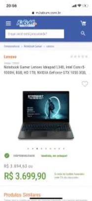 Notebook Gamer Lenovo Ideapad L340, Intel Core i5-9300H, 8GB, HD 1TB, NVIDIA GeForce GTX 1050 3GB, Windows 10, 15.6´ - R$3700