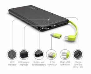 Carregador Portátil Slim 10000mAh Powerbank Pineng PN-951 com 2 USB Original