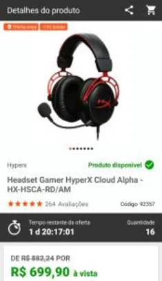 Headset Gamer HyperX Cloud Alpha | R$ 700