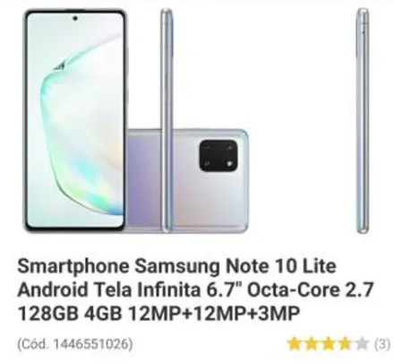 Smartphone Samsung Note 10 Lite Android Tela Infinita 6.7" Octa-Core 2.7 128GB 4GB 12MP+12MP+3MP