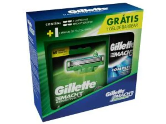 (Dinheiro de volta Gillette)Carga Gillette Mach3 Sensitive Com 4 Unidades Grátis Gel De Barbear 71g | R$28