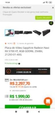 Placa de Vídeo Sapphire Radeon Navi RX 5700 XT, 8GB GDDR6, 256Bit, 21293-01-40G - R$2000
