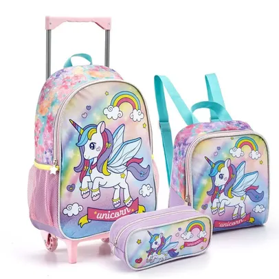 Kit Mochila Rodinha Infantil Menina Unicornio Colorido Fofa - Seanite