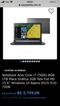 Notebook Acer Core i7-7500U 8GB 1TB Placa Gráfica 2GB - R$2799