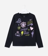 Camiseta Infantil Manga Longa com Estampa de Doodles - Tam 5 a 14 anos Preto