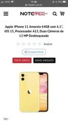 Apple iPhone 11 Amarelo 64GB com 6.1", iOS 13, Processador A13, Duas Câmeras de 12 MP