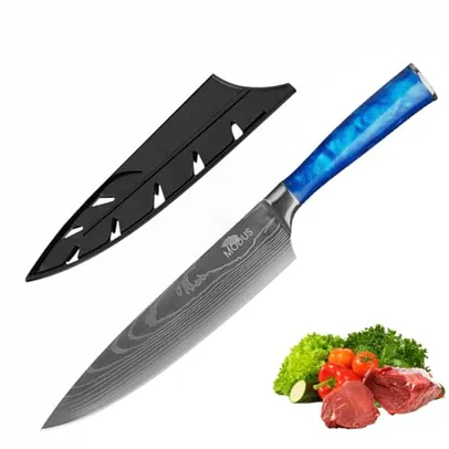 DAYSTAR Faca do Chef de Aço Inoxidável Faca de Cozinha Afiada Resistente e Durável Punho de Resina (Azul, 33CM)