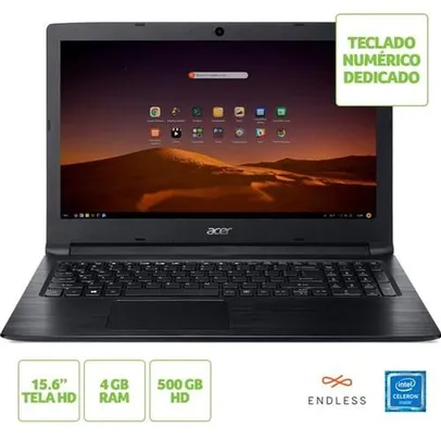 Notebook Aspire 3 A315-33-C58D Intel Celeron N3060 4GB RAM 500GB HD 15.6"HD Linux (Endeless OS)| R$ 1.889