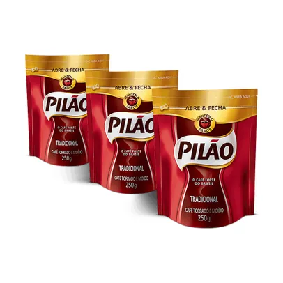 Kit 3 unidades Café Pilão Torrado e Moído Tradicional Abre&Fecha 250g 