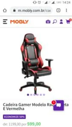 Cadeira Gamer Modelo Racer Preta e Vermelha R$599