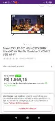 Smart TV LED 50" HQ HQSTV50NY Ultra HD 4K Netflix Youtube 3 HDMI 2 USB Wi-Fi | R$ 1912