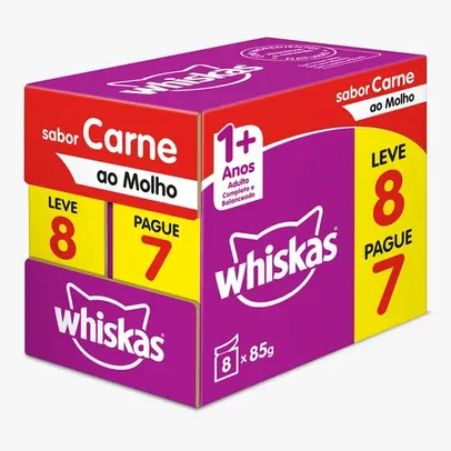 [LV04PG02 R$ 9 cada][R$1,12 cada sache] Ração Úmida Para Gatos Adultos Whiskas Sabor Carne Ao Molho 85g Leve 8 Pague 7 Unidades