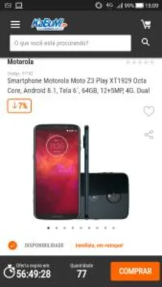 Smartphone Motorola Moto Z3 Play XT1929 Octa Core, Android 8.1, Tela 6´, 64GB, 12+5MP, 4G. Dual Chip, Desbloqueado - Indigo - R$1.759