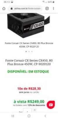 Fonte Corsair CX Series CX450, 80 Plus Bronze 450W, CP-9020120 | R$249