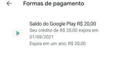 R$20 reais de crédito no Google Play