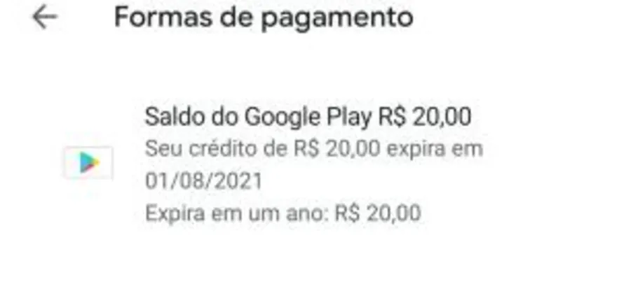 R$20 reais de crédito no Google Play