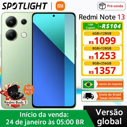 [NO BRASIL] Redmi-Note 13 Smartphone com Display AMOLED, Versão Global, Carregamento 33W, Câmera 108MP, 6GB, 128GB, 120Hz