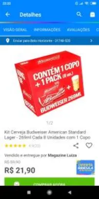 Kit Cerveja Budweiser American Standard Lager - 269ml Cada 8 Unidades com 1 Copo R$ 22