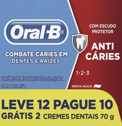 [R$2,07 cada] Creme Dental Menta 1-2-3 Oral B 70g Leve 12 e Pague 10 Unidades