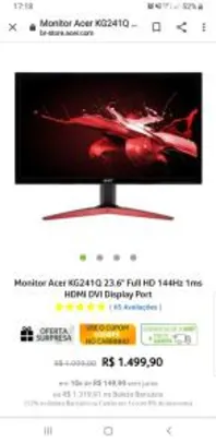 Monitor Acer KG241Q 23.6" Full HD 144Hz 1ms HDMI DVI Display Port | R$1.500