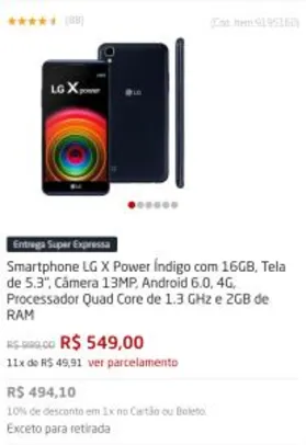 Smartphone LG X Power Índigo com 16GB, Tela de 5.3", Câmera 13MP, Android 6.0, 4G, Processador Quad Core de 1.3 GHz e 2GB de RAM - R$494