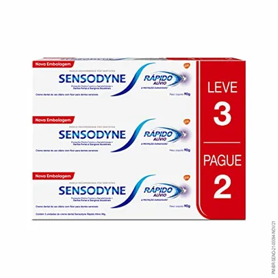 [PRIME] Sensodyne Rápido Alívio Creme Dental para Dentes Sensíveis Kit Leve 3 Pague 2, 90g cada, Branco