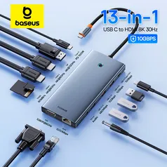 Adaptador de HUB compatível com Baseus-USB Tipo C para HDMI, 13-em-1, DP, 4K, 60Hz, 120Hz, RJ45, Conversor VGA, PD, 100W, USB 3.0