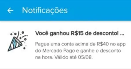 [Usuários Selecionados] R$15 OFF no pagamento de conta acima R$40 no Mercado Pago