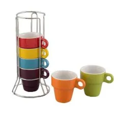 Jogo De Xícara De Café Com Suporte Bon Gourmet Porcelana Colorida 60ml 6 Peças - Por R$ 39,00