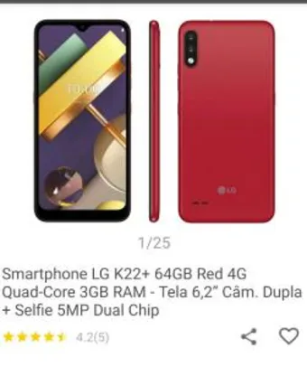 Smartphone LG K22+ 64GB Red 4G Quad-Core 3GB RAM | R$ 799