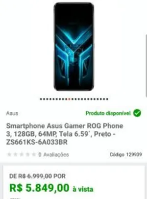 Smartphone Asus Gamer ROG Phone 3, 128GB, 64MP, Tela 6.59´, Preto R$5849