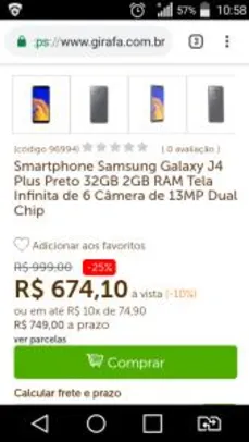 Smartphone Samsung Galaxy J4 Plus Preto 32GB 2GB RAM Tela Infinita de 6 Câmera de 13MP Dual Chip | R$674