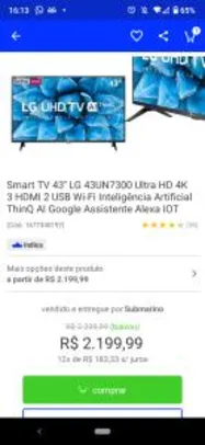Smart TV 43'' LG Ultra HD 4K R$2050