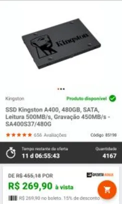 SSD Kingston A400, 480GB, | R$270