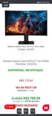 Monitor Gamer Asus TUF 31.5" - 2560x1440 - 144hz | R$2790