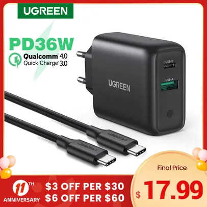 Carregador Rápido Ugreen PD36 36W Quick Charge 3.0 | R$122