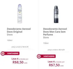 Desodorante Dove 4 unidades por R$7,50 cada (Masculino)